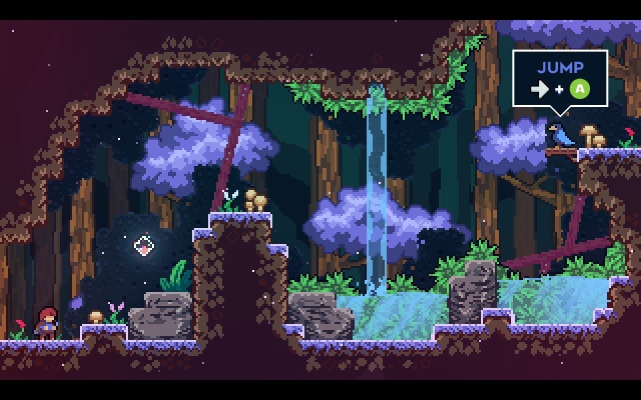 A screenshot of Strawberry Jam gameplay, Madeline is in the lower left corner of the screen with a bird prompting her to walldash with the help of the dream gem.