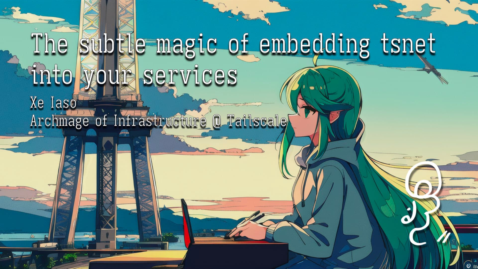 The first slide is shown on screen. It contains an AI generated background with the presentation name "The subtle magic of embedding tsnet into your services" and the name Xe iaso underneath it. Xe's sigil is visible on the title slide.