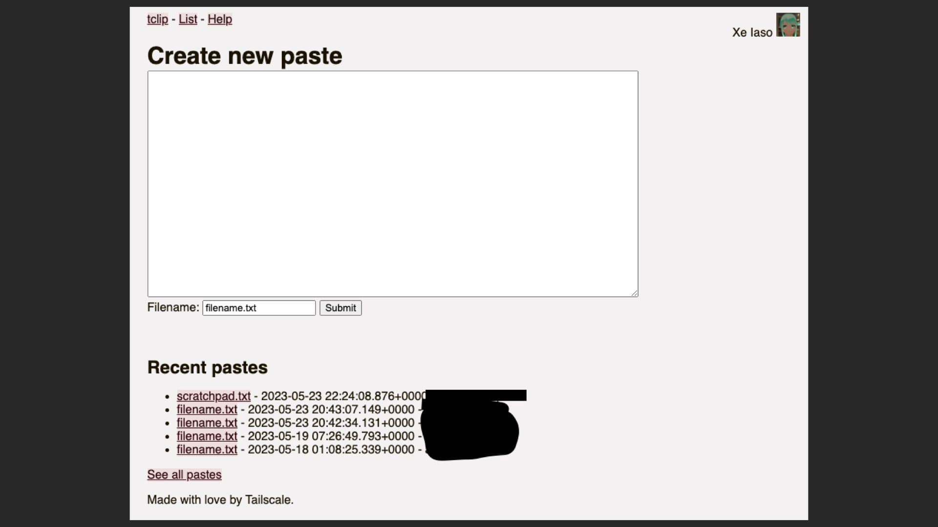 The slide shows the tclip UI in the Tailscale corp tailnet, with names redacted.