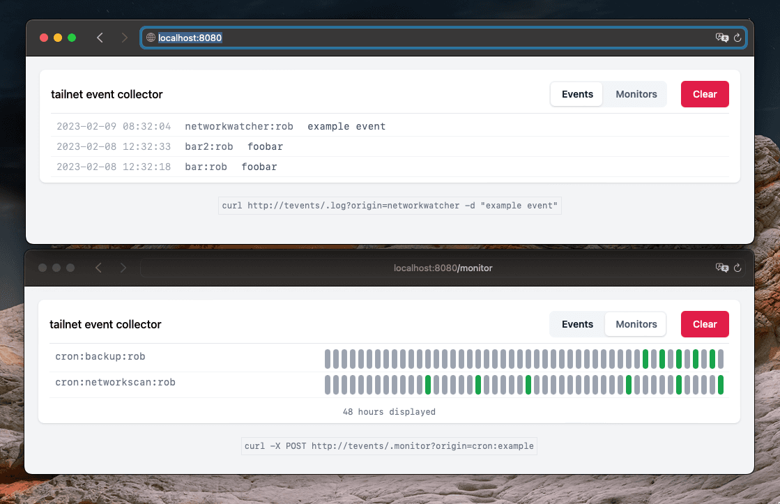 Screeshot of tevents event logger and job monitor for tailnets