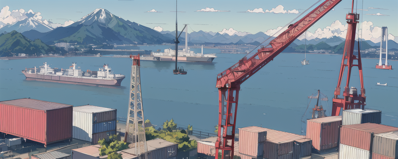 flat color, shipyard, containers, mountains, no humans, space needle
