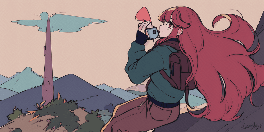 flat colors, red hair, long hair, brown eyes, hoodie, sweatpants, backpack, mountain, climbing, strawberry