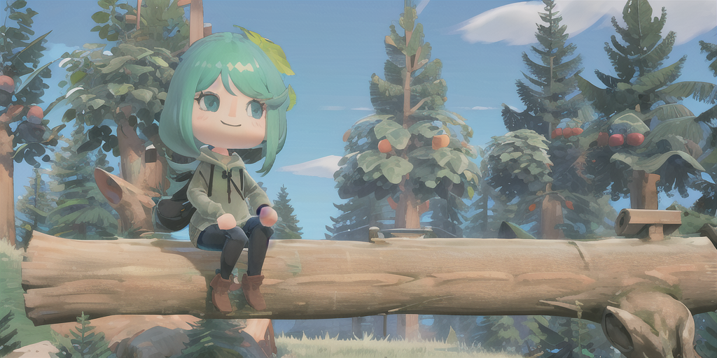 A green-haired chibi character in the style of Animal Crossing wearing a hoodie and sitting on a log in an idyllic forest with a blue sky during summer.