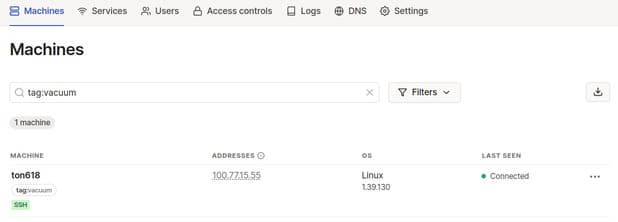 Screenshot of the Tailscale admin console, showing a connected device tagged 'vacuum'.