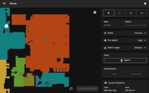 Screenshot of the Valetudo web app. On the left is a lidar map of a house, segmented by color into rooms. On the right are various settings like vacuum intensity and operating mode.