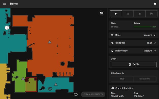 Screenshot of the Valetudo web app. On the left is a lidar map of a house, segmented by color into rooms. On the right are various settings like vacuum intensity and operating mode.