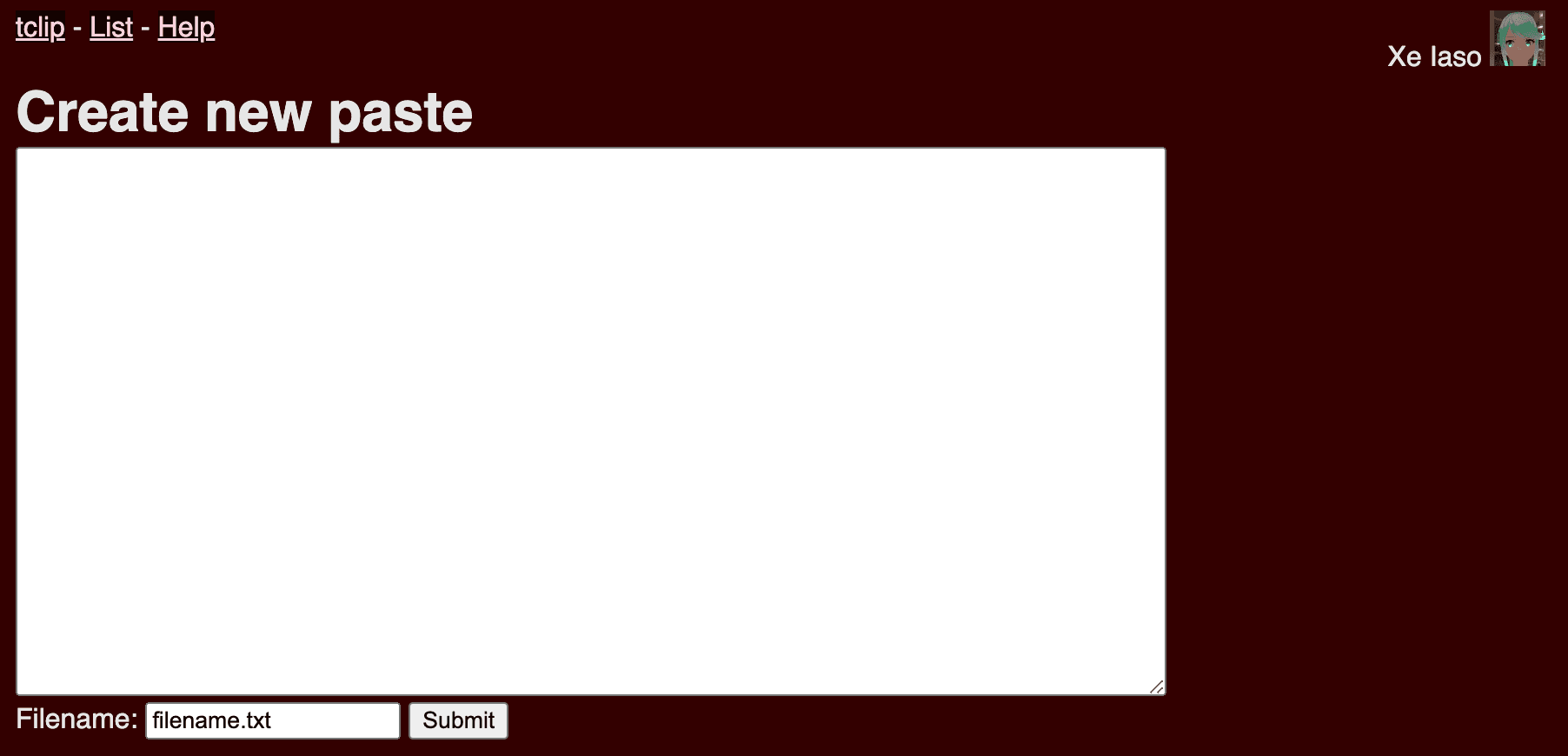 The homescreen of tclip, showing a textbox labeled 'create new paste'